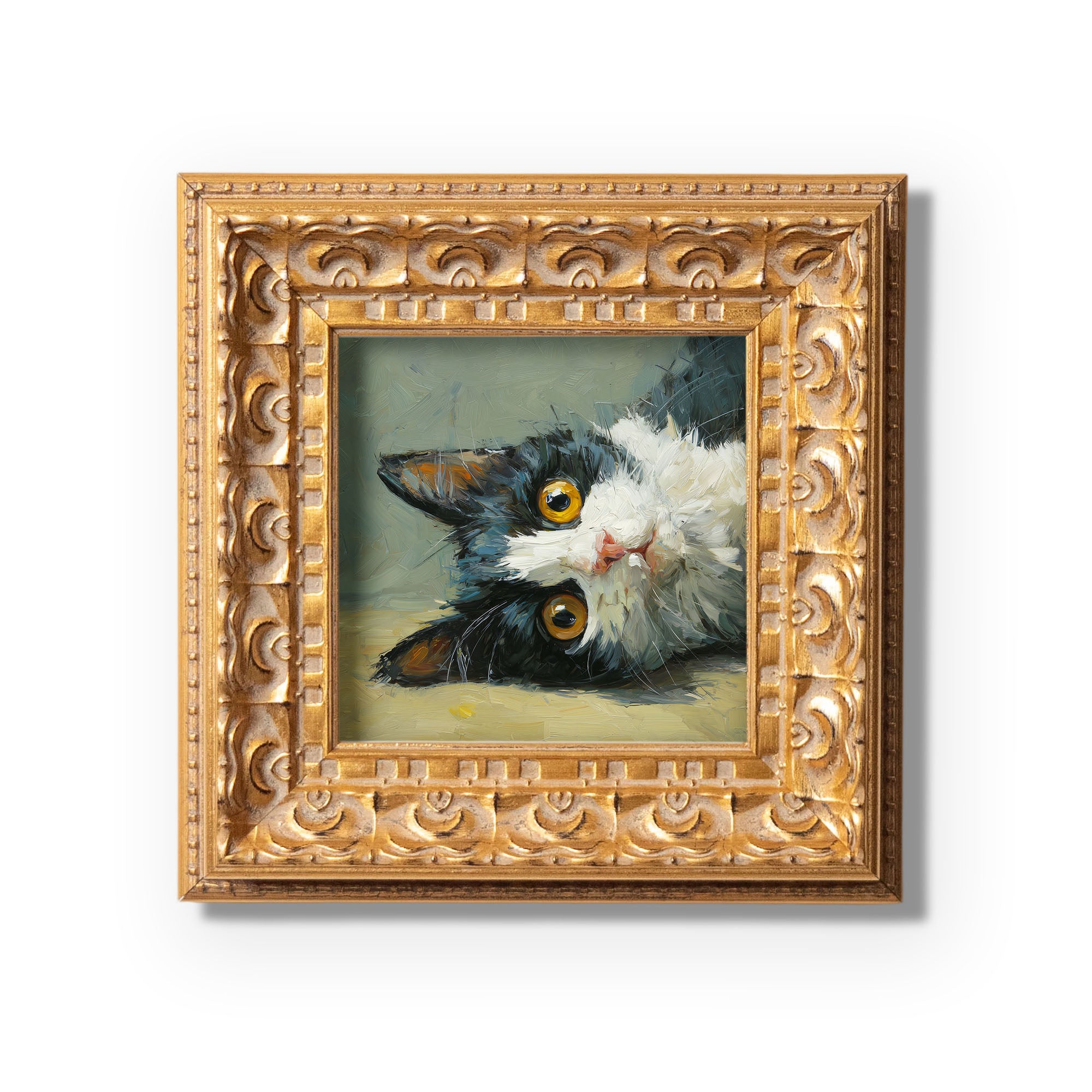 Black and White Cat Portrait, Original Oil Painting, Cute Kitten Art, Pet Portrait, Impasto Animal Wall Decor, Small Framed Art