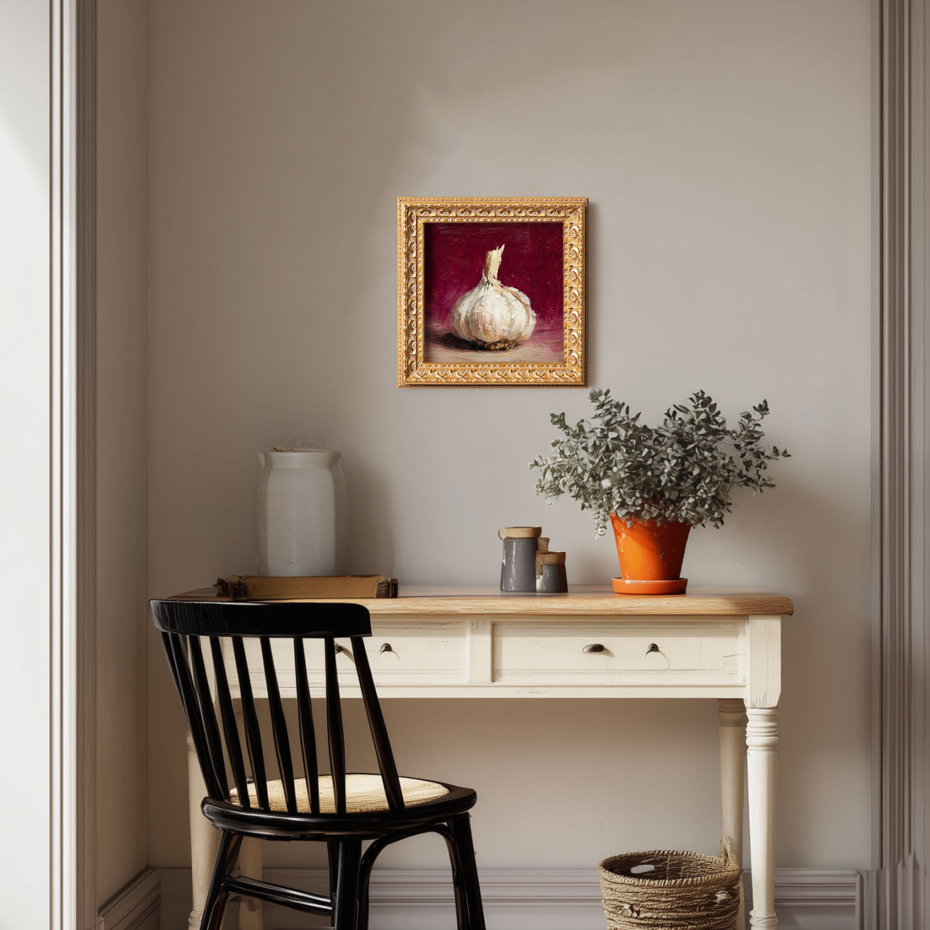 Original Garlic Oil Painting, Hand Painted Food Artwork, Still Life, Small Kitchen Wall Art Decor, Christmas Gift for Friends, Gold Frame