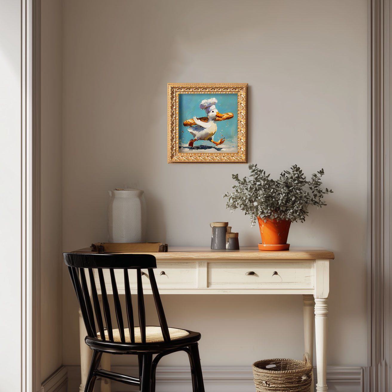 Small Original Hand Painted, Chef Duck Oil Painting, Living Room Wall Art Decor, 5X5 Gold Framed Artwork, Christmas Gift for Friends