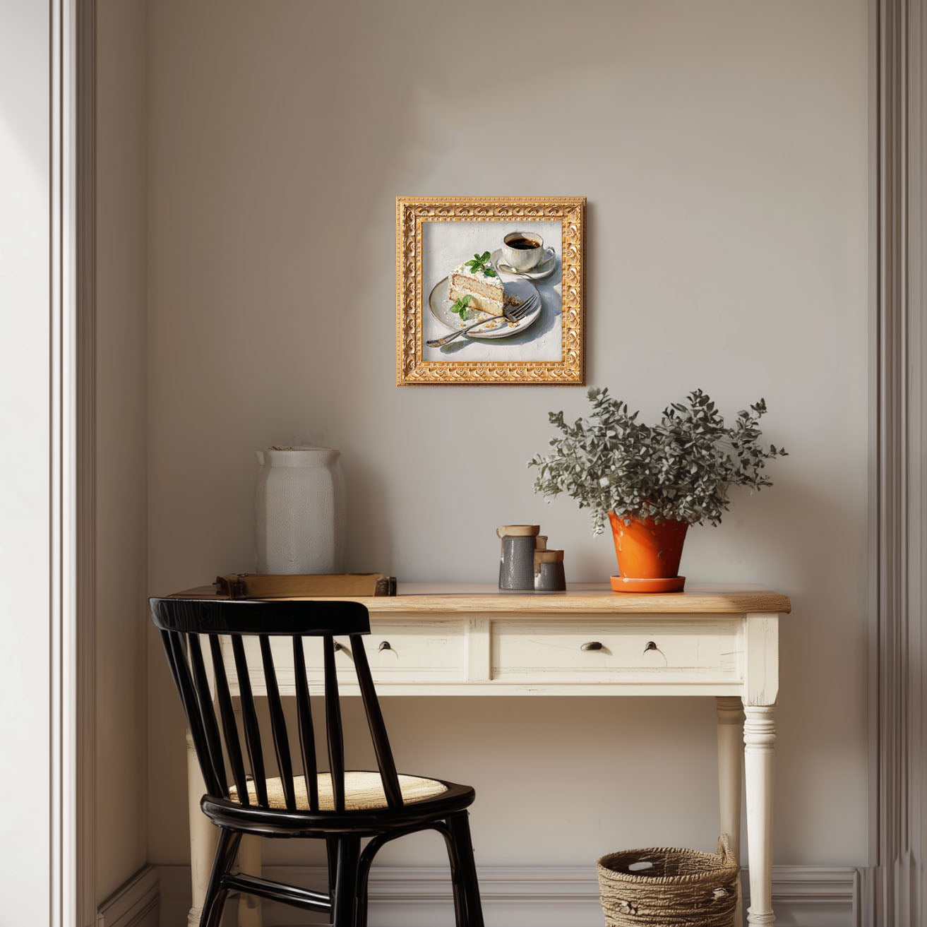 Original Vanilla Cake With Coffee Oil Painting, Cozy Kitchen Wall Art, Hand Painted Ornate Gold Frame Home Decor, Charming Dining Room Decoration, Gift For Friends