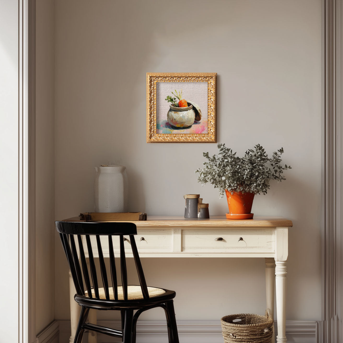 Original Oil Painting, Hand Painted Artwork, Still Life Food, Small Kitchen Wall Art Decor, Christmas Gift for Friend, Carrot in Ceramic Jar