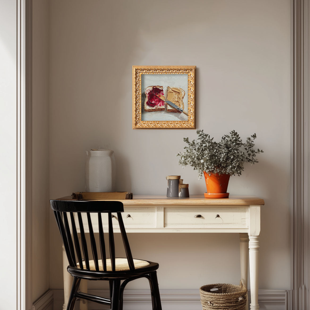 Original Peanut Butter & Jam Toast Oil Painting, Cozy Kitchen Wall Art, Hand Painted Ornate Gold Frame Home Decor, Charming Dining Room Decoration, Gift For Friends