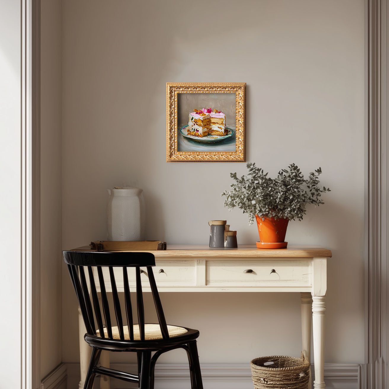 Original Rose Petal Cake Oil Painting, Elegant Kitchen Wall Art, Hand Painted Ornate Gold Frame Home Decor, Charming Dining Room Decoration, Gift For Friends