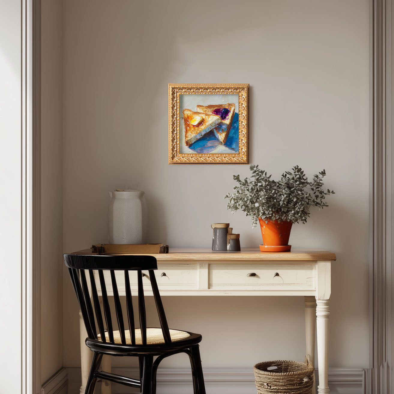 Still life Oil Painting, Original Hand Painted Art,  Wall Art Decor, Gift for Friends, Small 5X5 Gold Framed Artwork, Sauced Toast