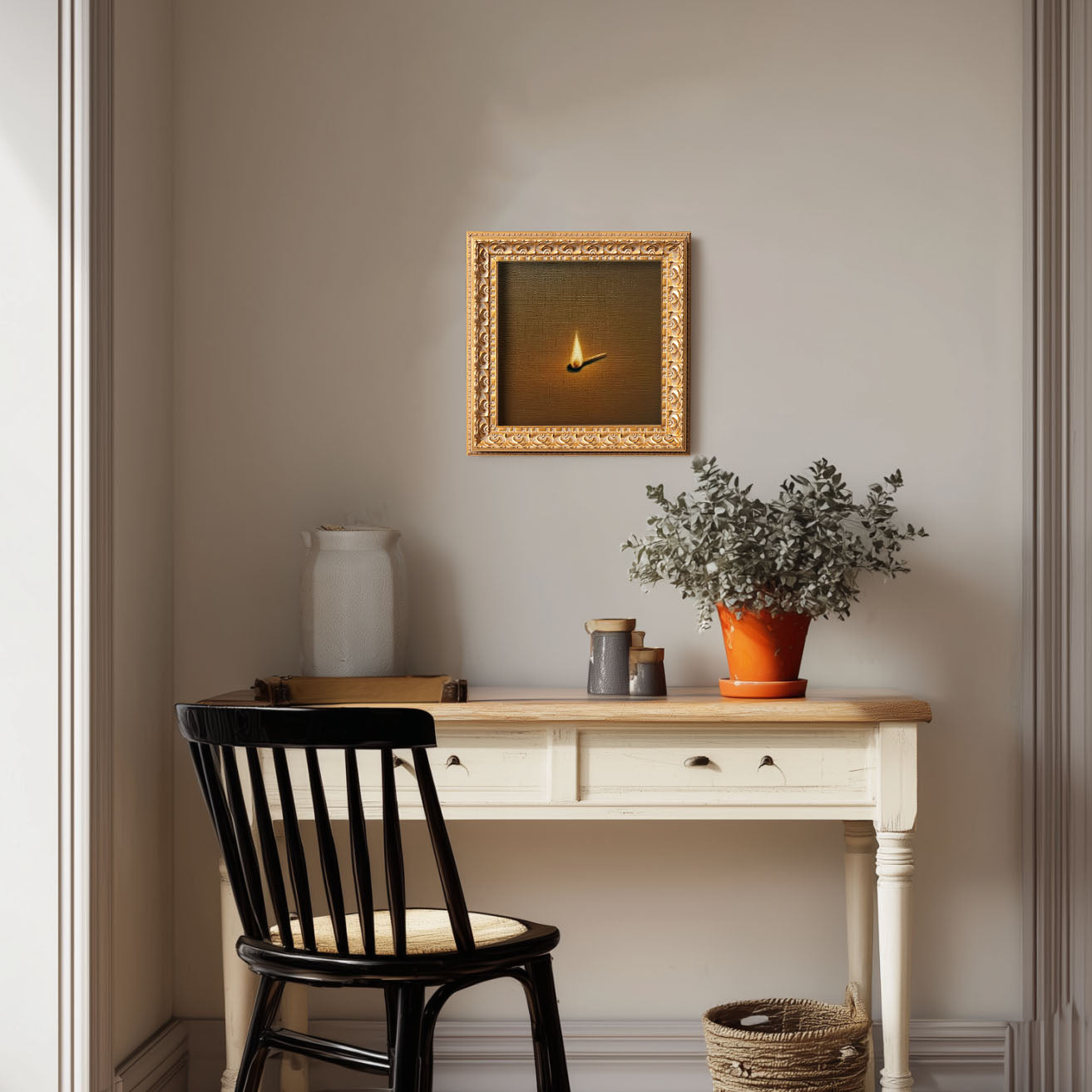 Small Original Lit Match Oil Painting, 5X5 Hand Painted Artwork, Vintage Wall Art, Minimalist Home Decor, Christmas Gift For Friends