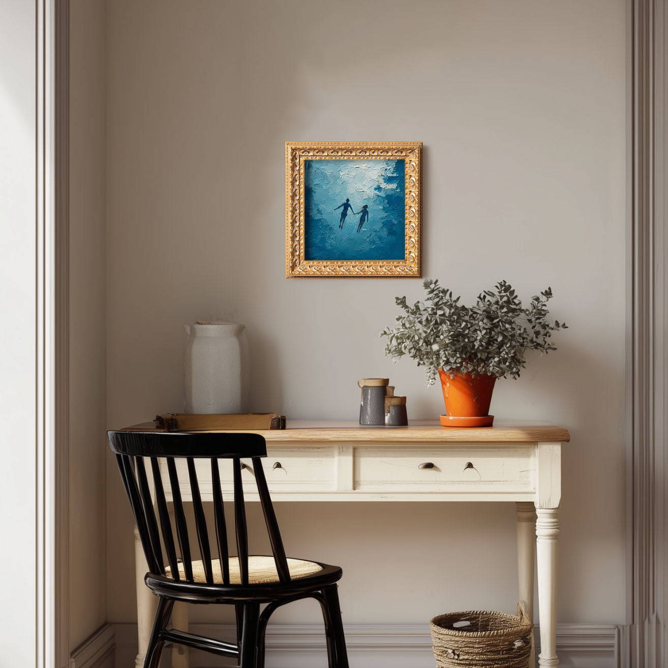 Original Hand Painted Figure, Mini Oil Painting, Romantic Couple Wall Art Decor, Small 5x5 Gold Framed, Valentine Gift, Swimming Couple