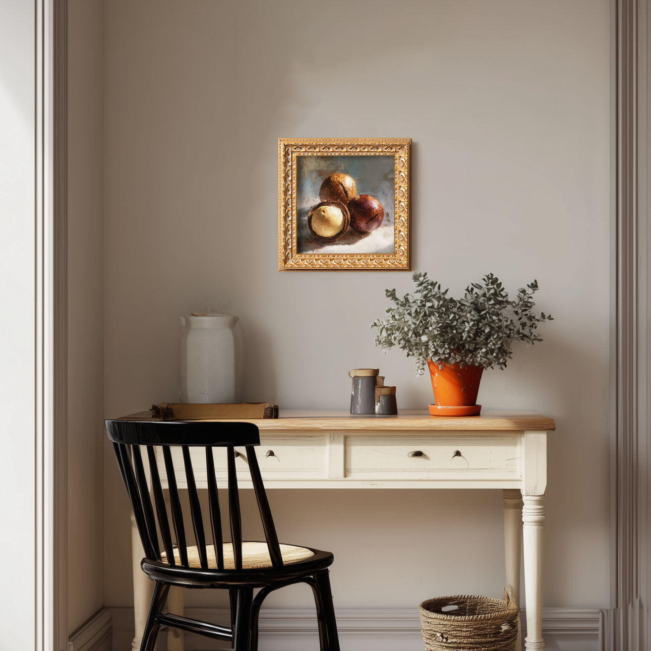 Still life Macadamia Nuts Oil Painting, Small Original Art, Hand Painted Artwork, Wall Art Decor, Gift for Friends, 5X5 Gold Framed