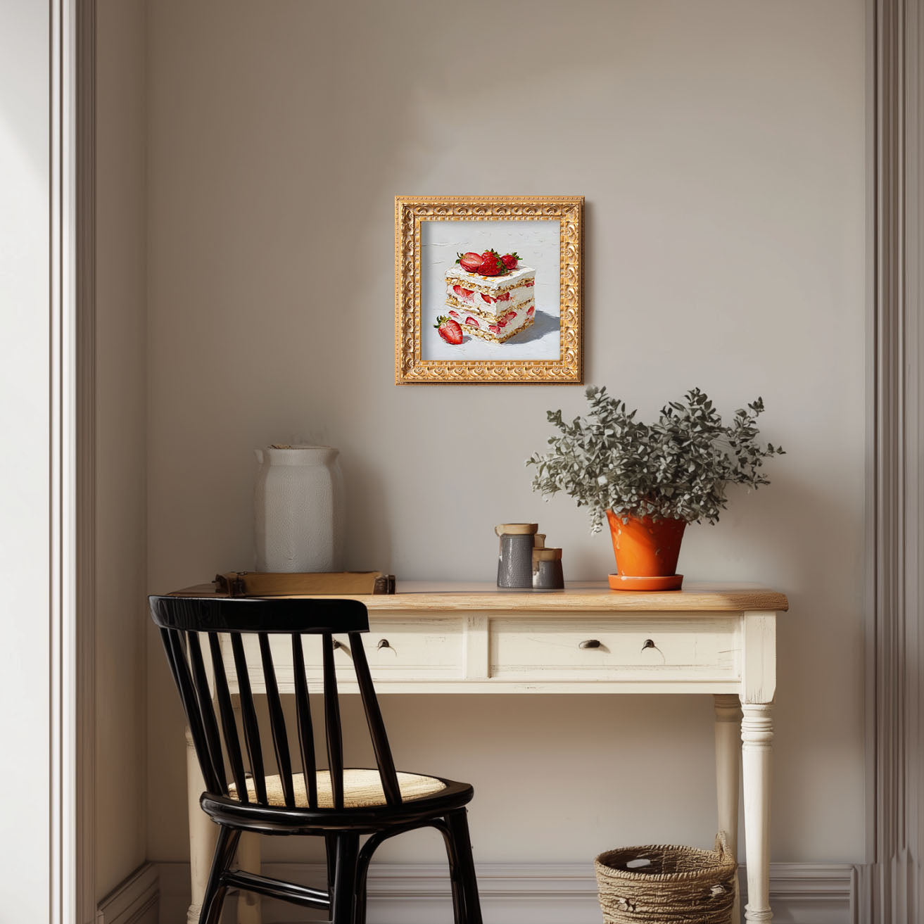 Original Strawberry Cake Oil Painting, Bright Kitchen Wall Art, Hand Painted Ornate Gold Frame Home Decor, Vibrant Dining Room Decoration, Gift For Friends