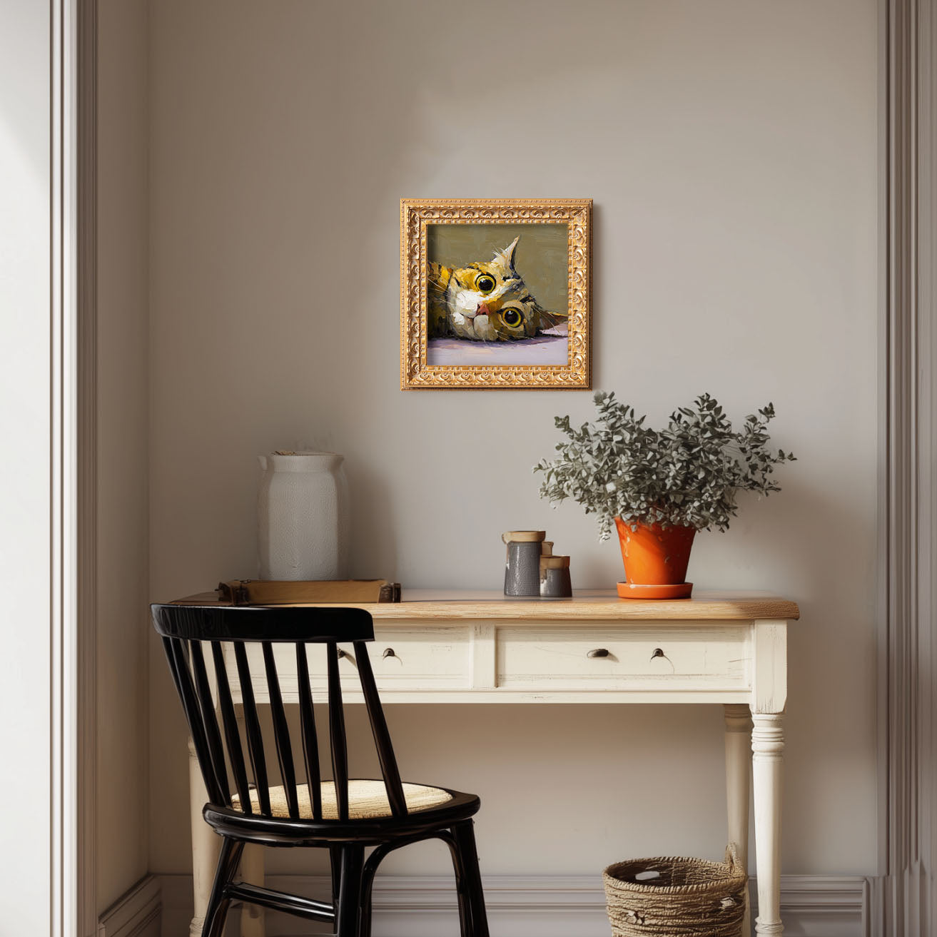 Tabby Cat Original Oil Painting, Cute Kitten Portrait, Impasto Animal Art, Whimsical Cat Wall Decor, Small Framed Artwork