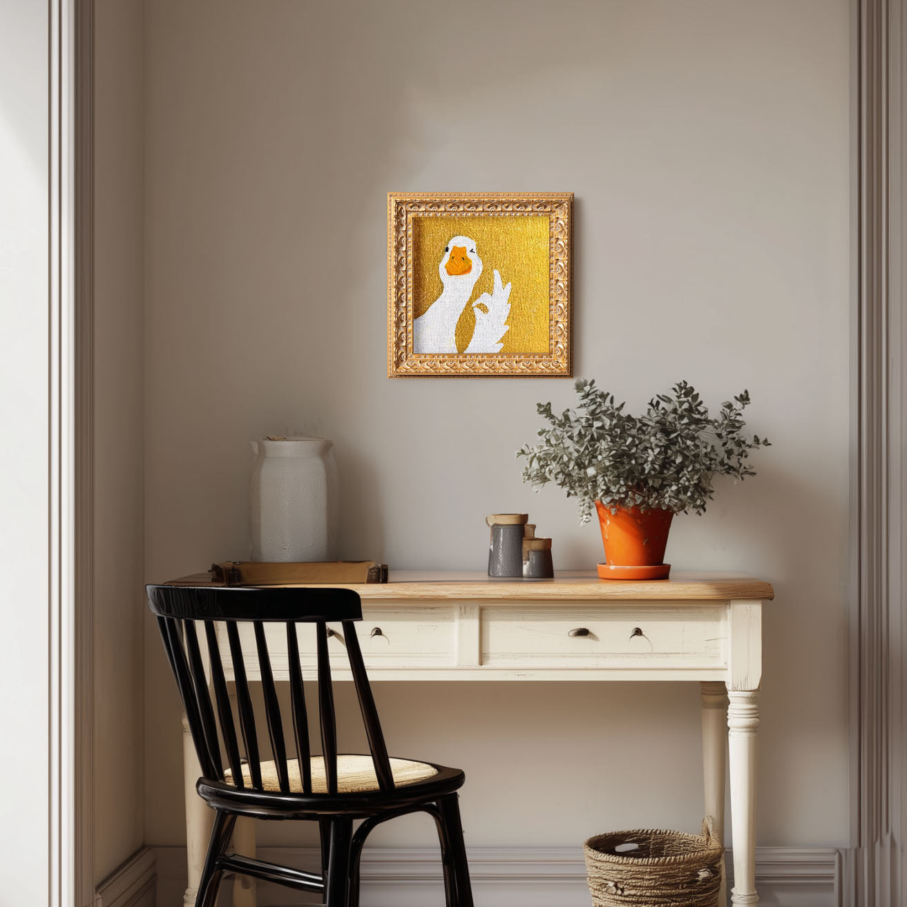 Small Original Hand Panted, Okay Goose Oil Painting, Living Room Wall Art Decor, 5X5 Gold Framed Artwork, Christmas Gift for Friends