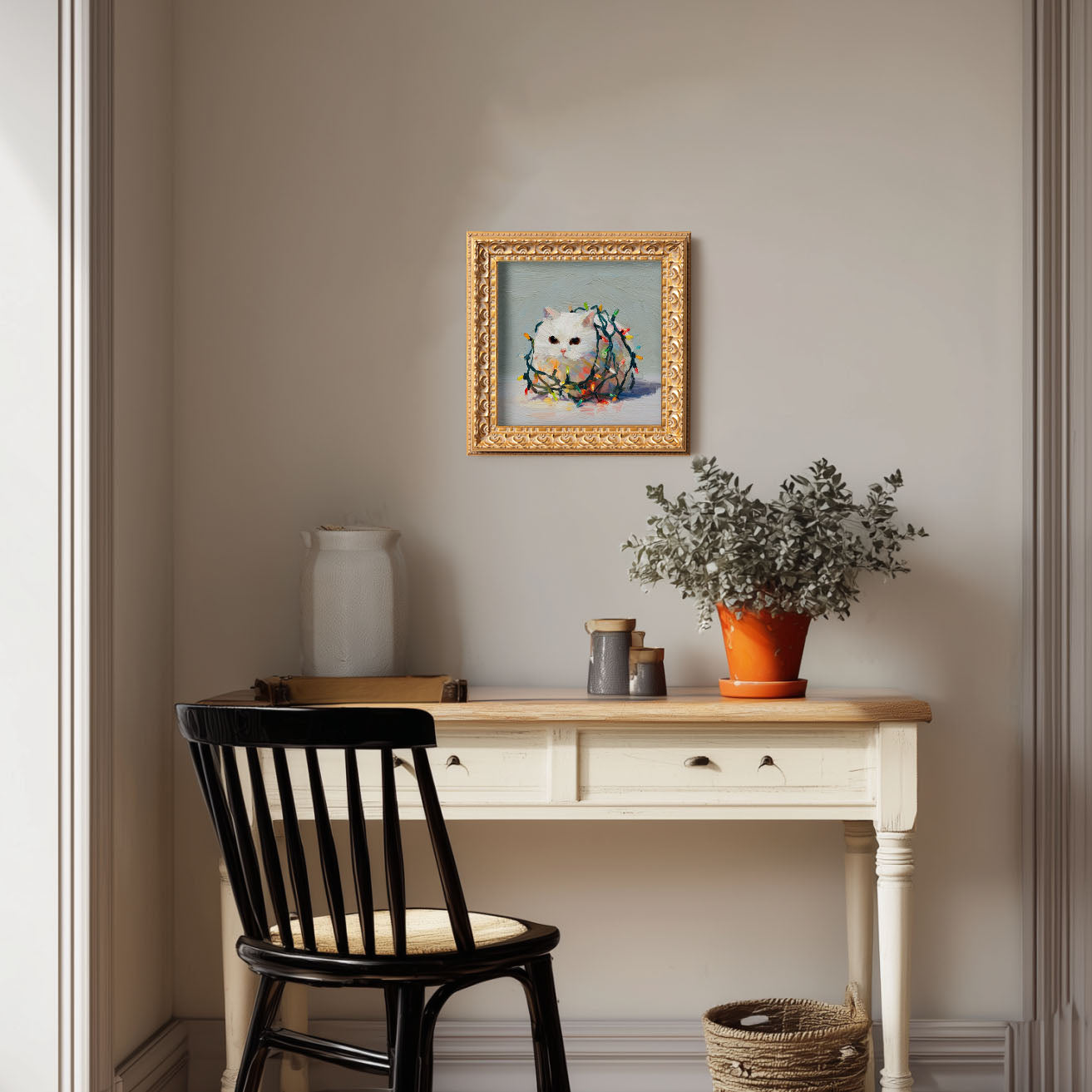 Small Christmas Lights Cat Oil Painting, Original Hand Painted, Custom Kitty Portrait, Holiday Wall Art, Winter Decor, Christmas Gift