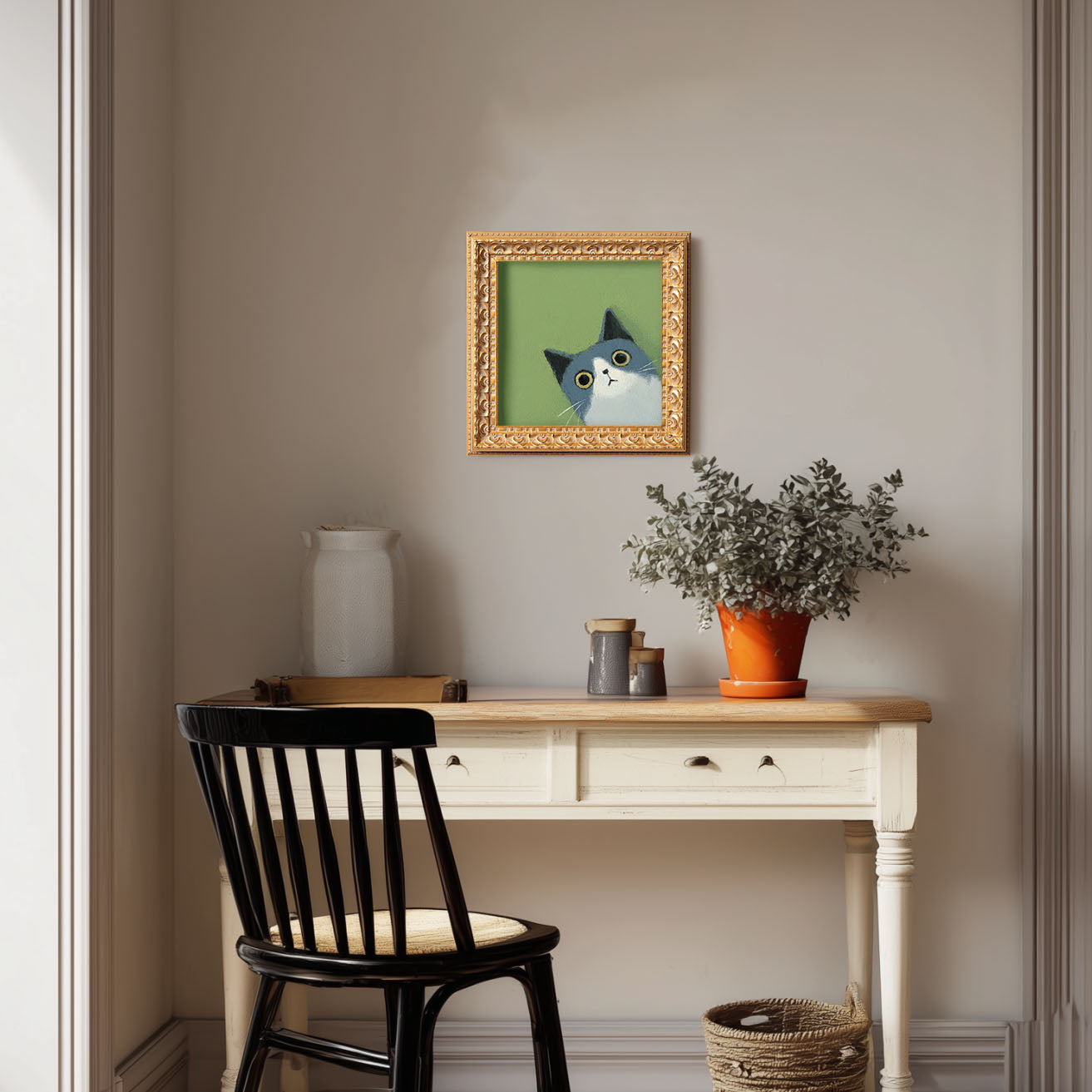 Blue and White Cat Painting, Cute Kitten Art, Flat Style Animal Portrait, Whimsical Cat Wall Decor, Small Framed Art