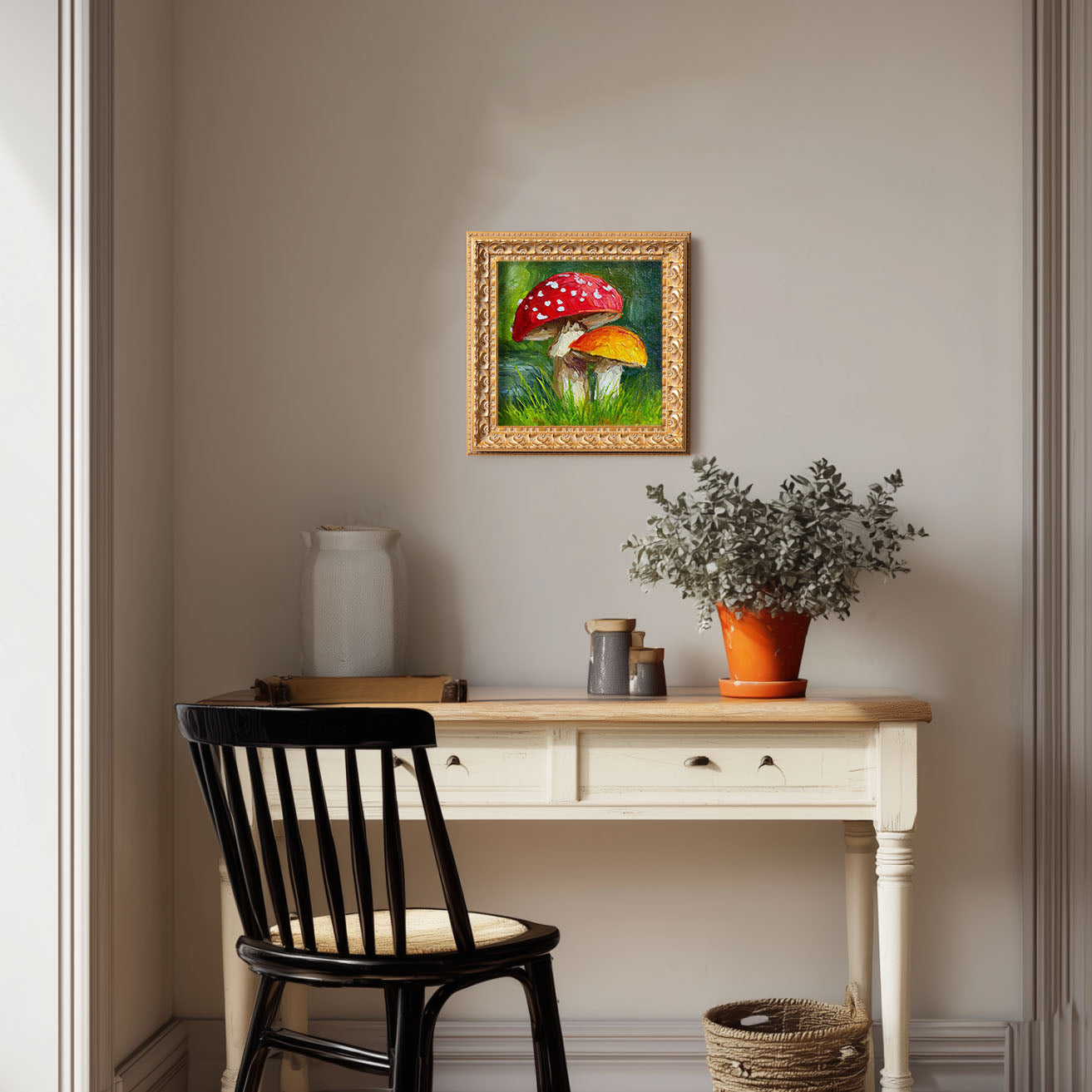 Original Red Mushroom Oil Painting, Whimsical Forest Wall Art, Hand Painted Ornate Gold Frame Home Decor, Quirky Living Room Decoration, Gift For Friends