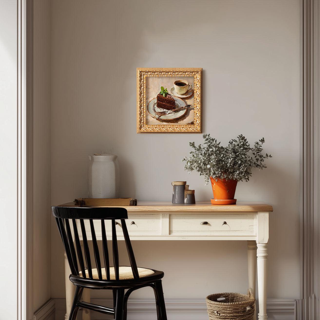 Original Chocolate Cake With Coffee Oil Painting, Rich Kitchen Wall Art, Hand Painted Ornate Gold Frame Home Decor, Stylish Dining Room Decoration, Gift For Friends