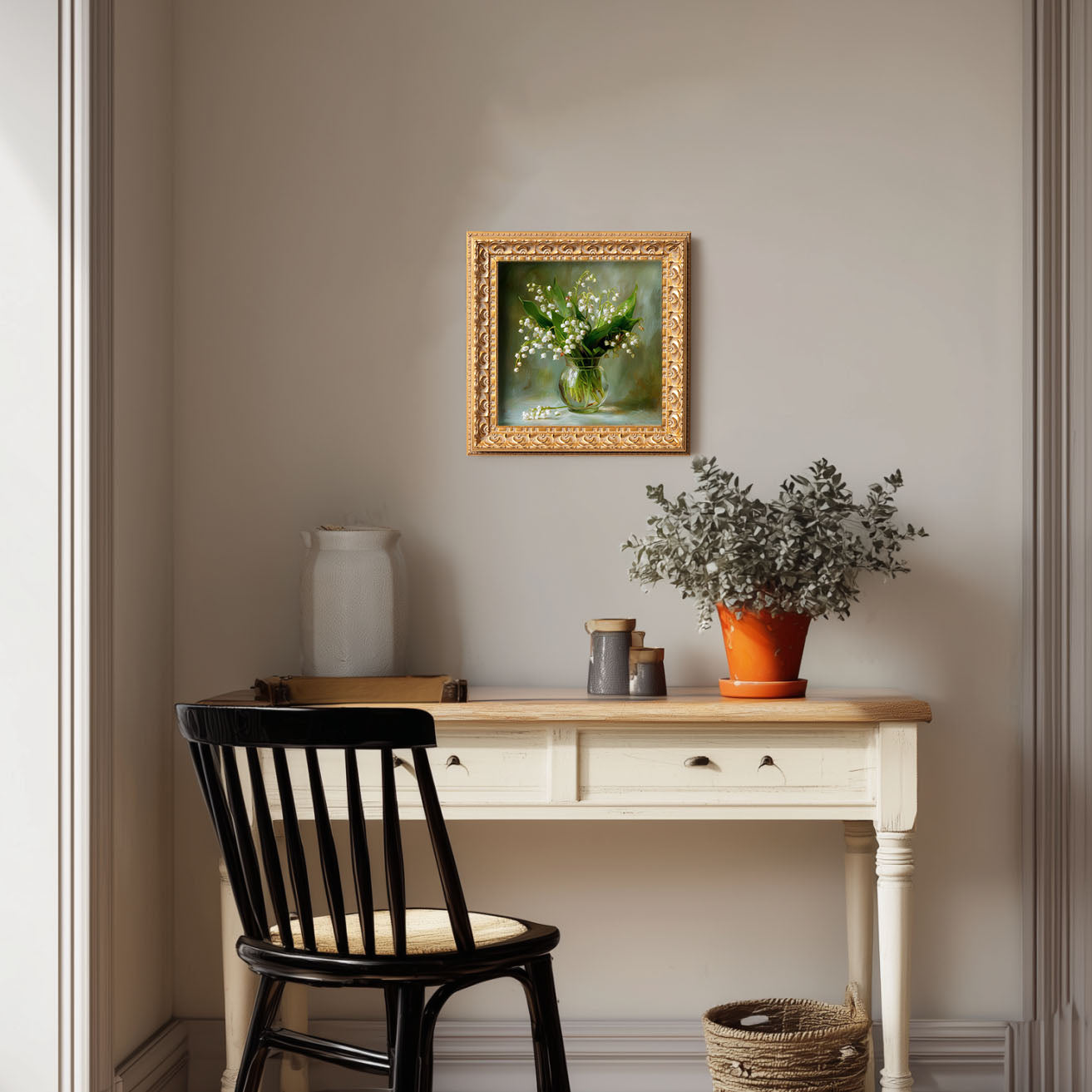 Original Lily Of The Valley Oil Painting, Delicate Floral Wall Art, Hand Painted Ornate Gold Frame Home Decor, Serene Bedroom Decoration, Gift For Friends