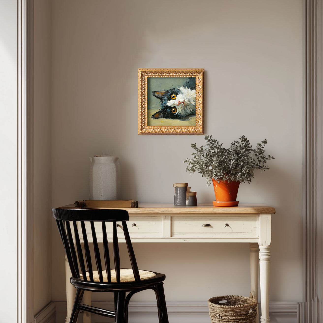 Black and White Cat Portrait, Original Oil Painting, Cute Kitten Art, Pet Portrait, Impasto Animal Wall Decor, Small Framed Art