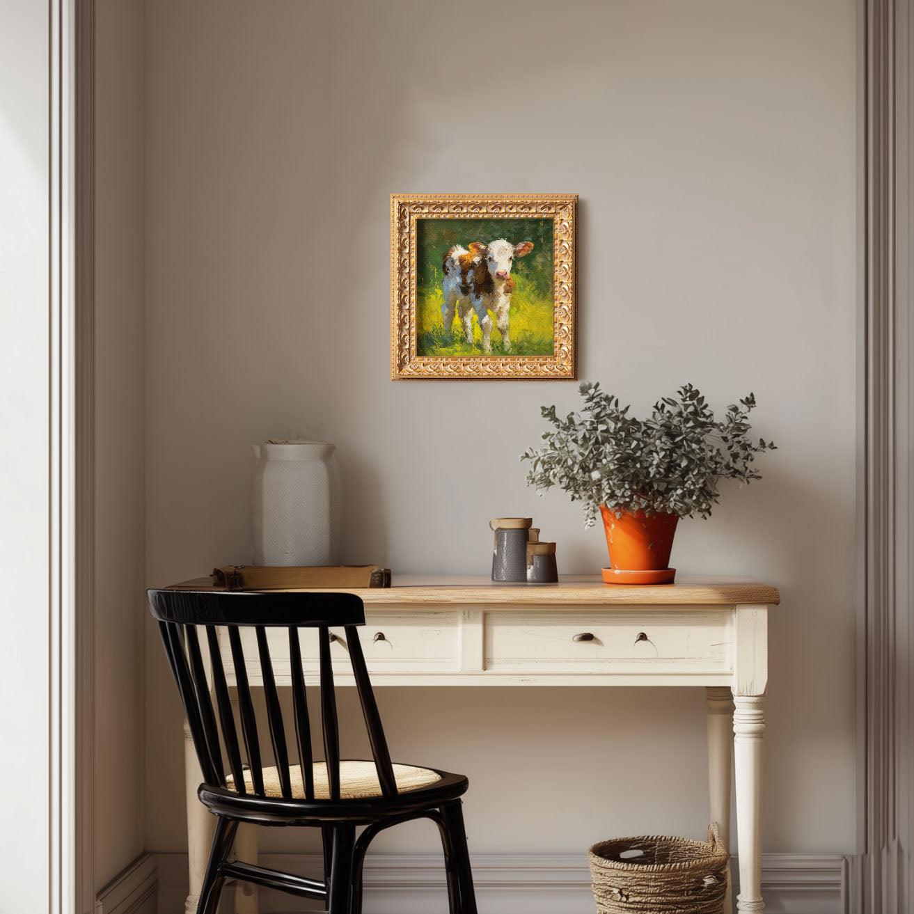 Hand Panted Calf Oil Painting, Small Original Art, Rustic Wall Art Decor, 5X5 Gold Framed Artwork, Still life Wildlife, Gift for friends