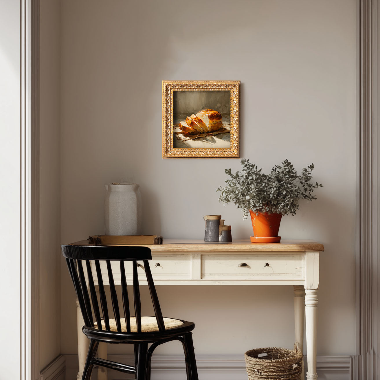 Loaf of Bread Still Life, Original Oil Painting, Food Art, Impasto Kitchen Wall Decor, Small Framed Artwork