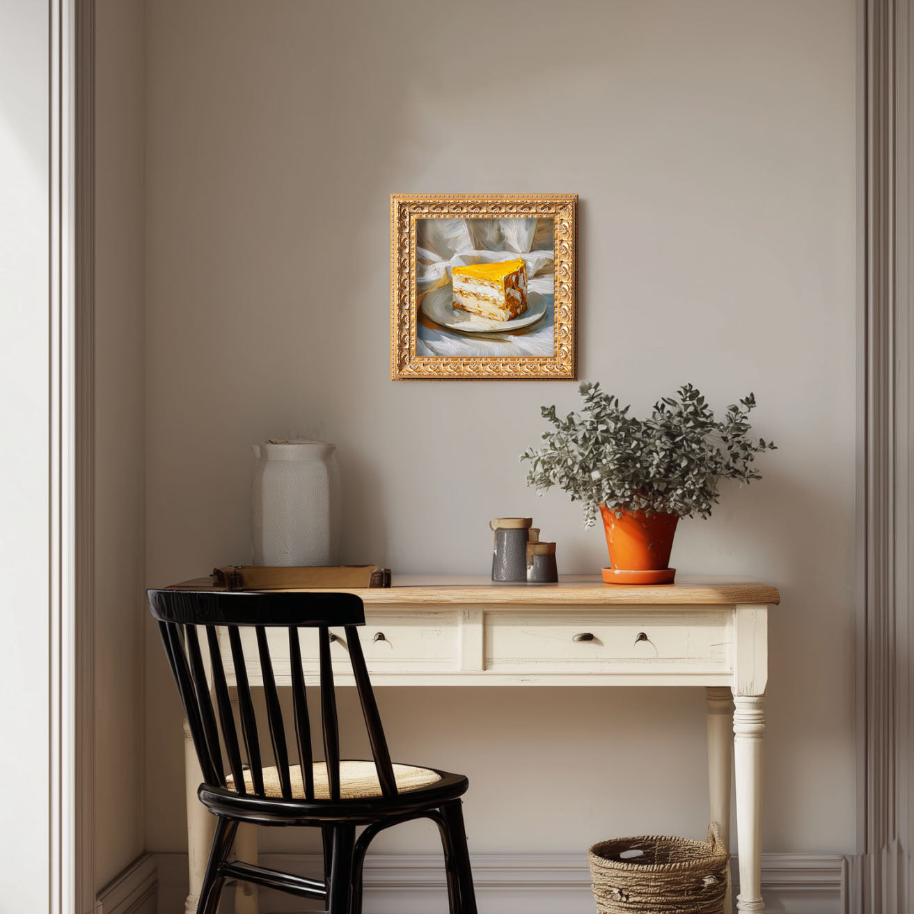 Original Mango Mousse Cake Oil Painting, Bright Kitchen Wall Art, Hand Painted Ornate Gold Frame Home Decor, Vibrant Dining Room Decoration, Gift For Friends