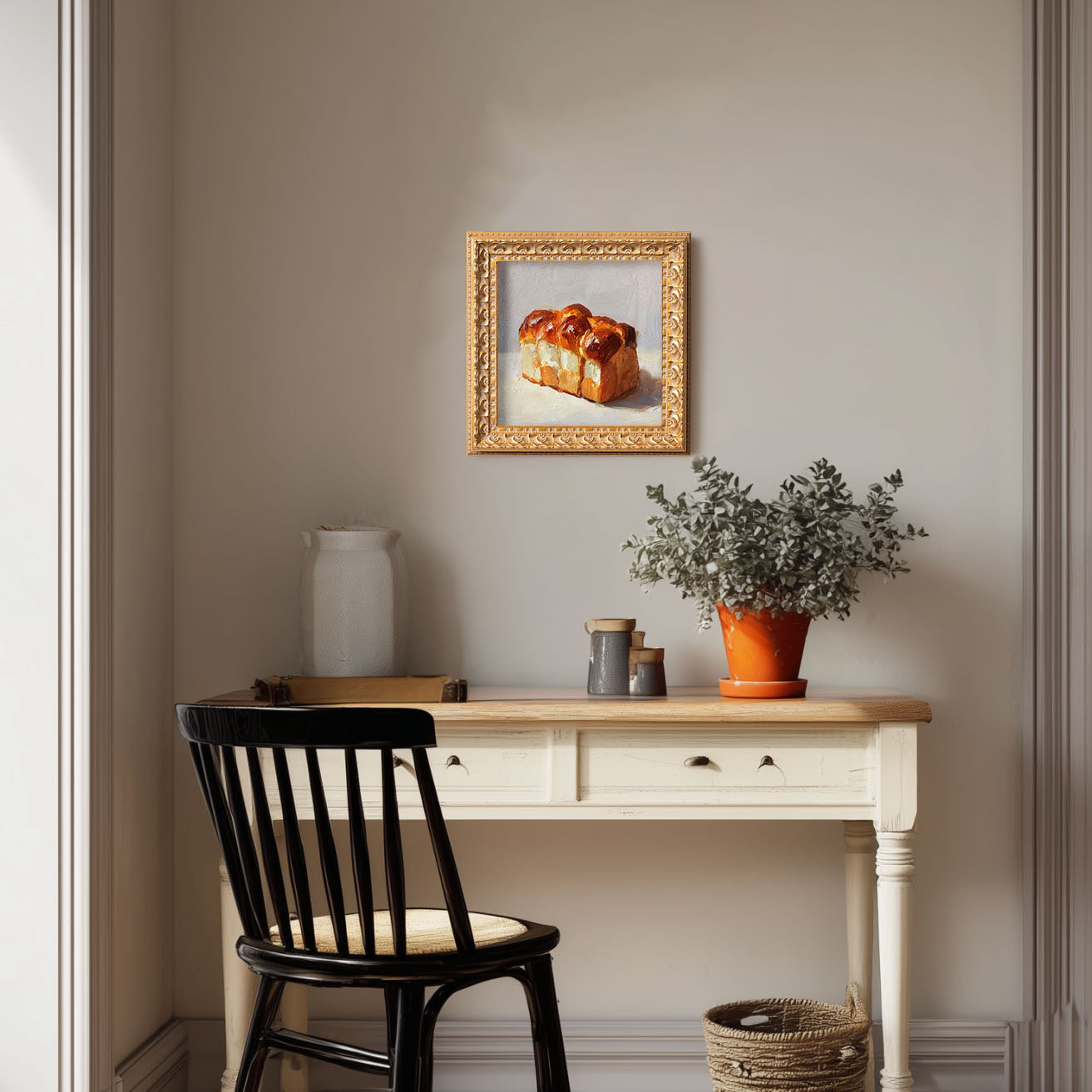 Original Brioche Bread Oil Painting, Rich Kitchen Wall Art, Hand Painted Ornate Gold Frame Home Decor, Warm Dining Room Decoration, Gift For Friends