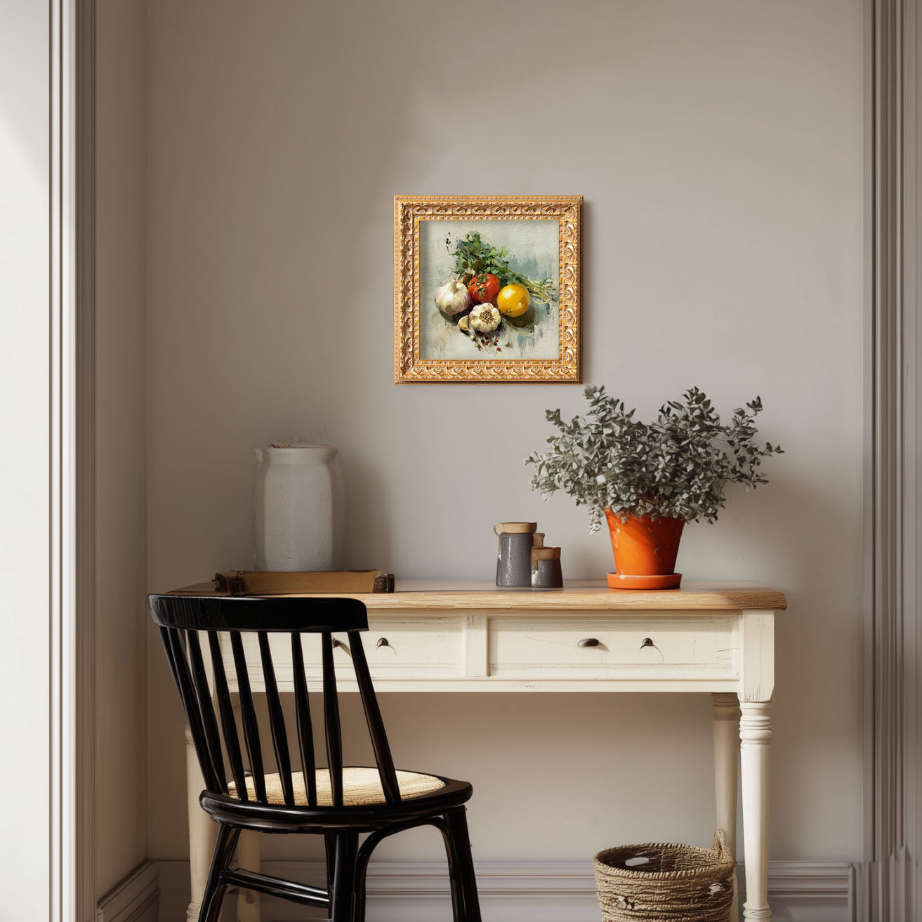 Original Vegetable Still Life Oil Painting, Rustic Kitchen Wall Art, Hand Painted Ornate Gold Frame Home Decor, Warm Dining Room Decoration, Gift For Friends