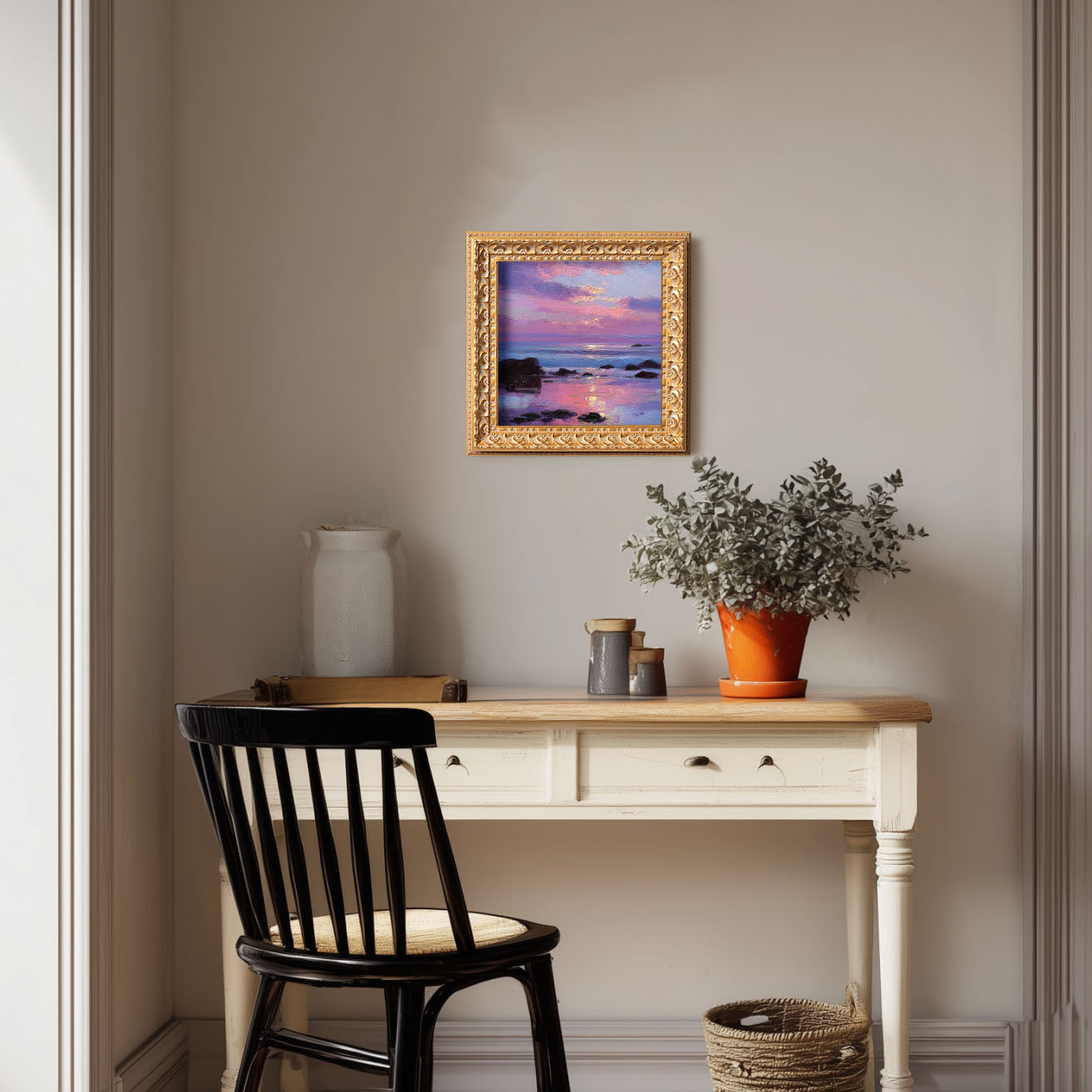 Small Coastal Sunset Oil Painting, Original Hand Painted, Landscape Wall Art, 5X5 Winter Decor, Abstract Artwork, Christmas Gift for Friends