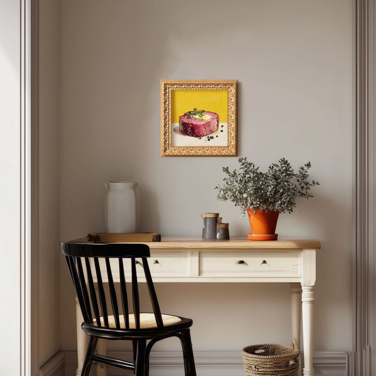 Still life Butter Steak Oil Painting, Original Hand Painted Beef, Small Kitchen Wall Art Decor, Christmas Gift for Friend,Vintage Gold Frame