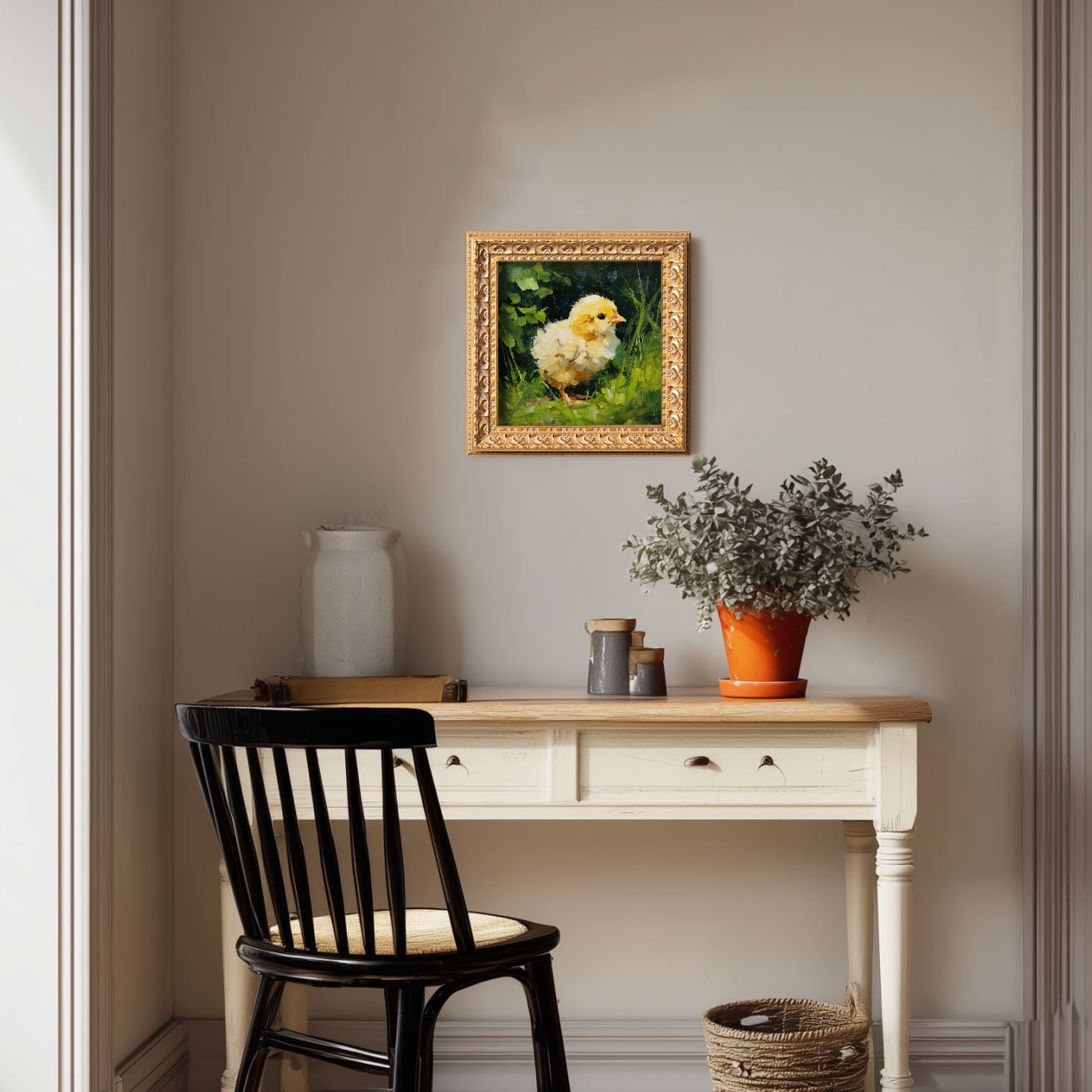 Hand Panted Chick Oil Painting, Original Art, Living Room Wall Art Decor, 5X5 Gold Framed Artwork, Still life Wildlife, Gift for friends