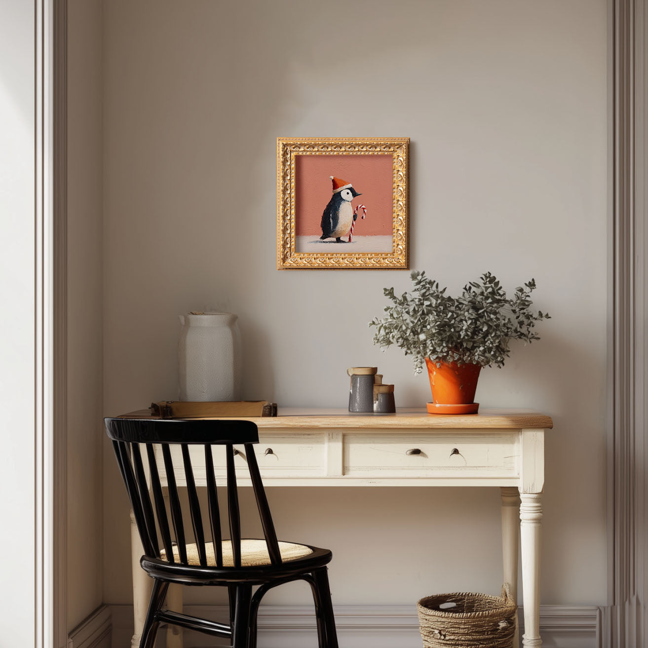 Christmas Penguin Mini Painting, Original Oil Art, Holiday Decor, Cute Penguin with Candy Cane, Small Framed Christmas Art