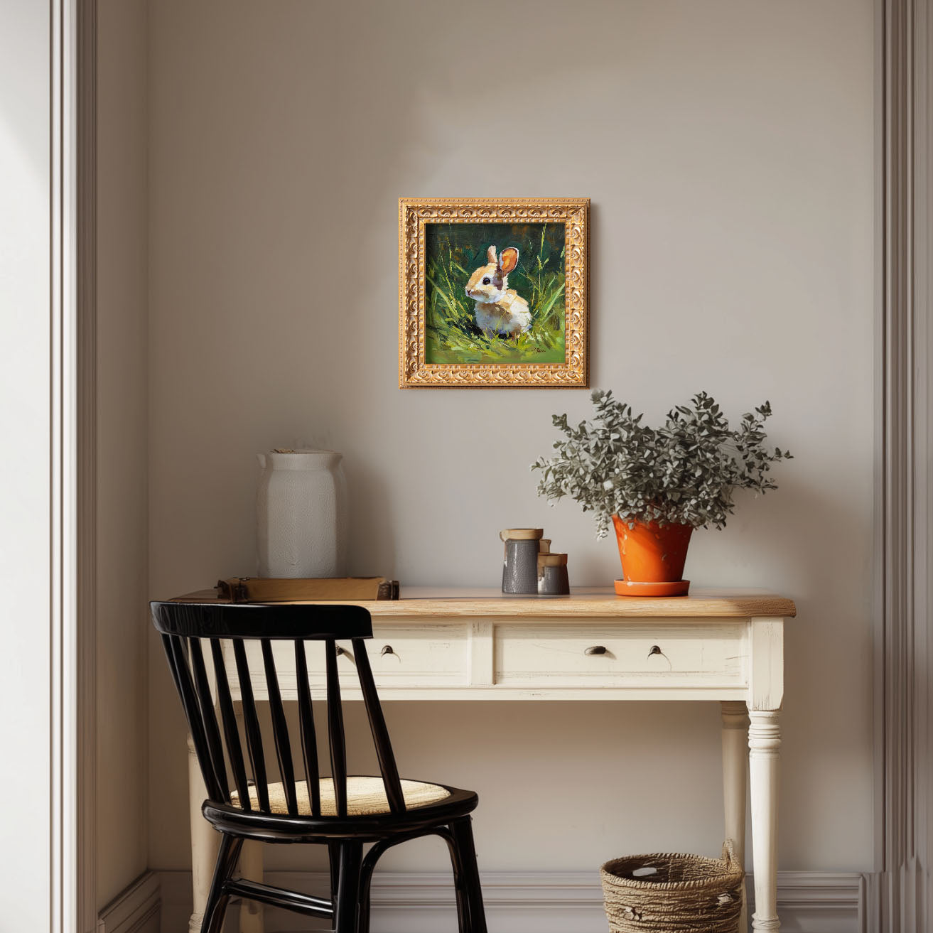 Hand Panted Rabbit Oil Painting, Original Wildlife Art, Home Wall Art Decor, 5X5 Gold Framed Artwork, Still life Bunny , Gift for friends