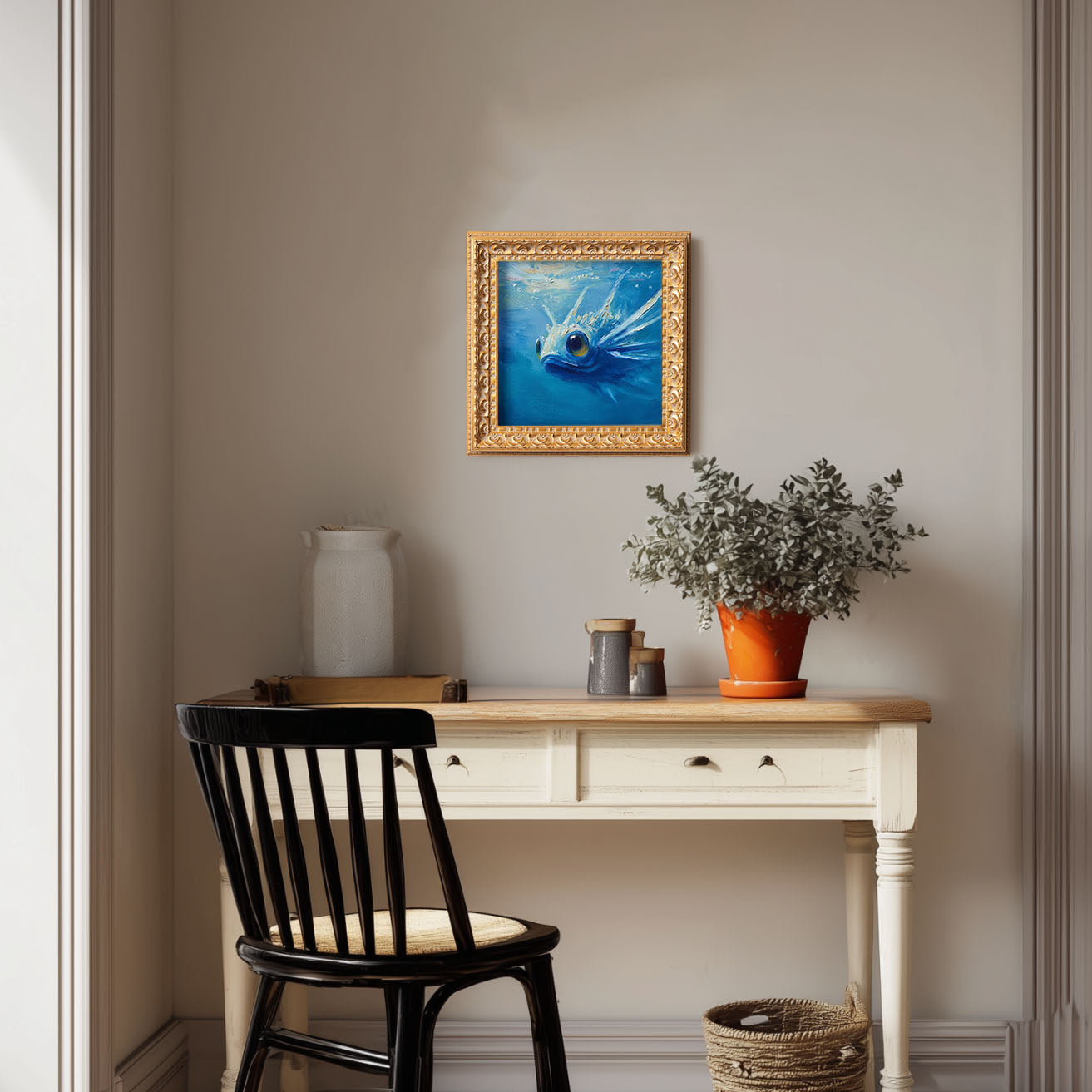 Original Blue Fish Oil Painting, Vibrant Underwater Wall Art, Hand Painted Ornate Gold Frame Home Decor, Stylish Living Room Decoration, Gift For Friends