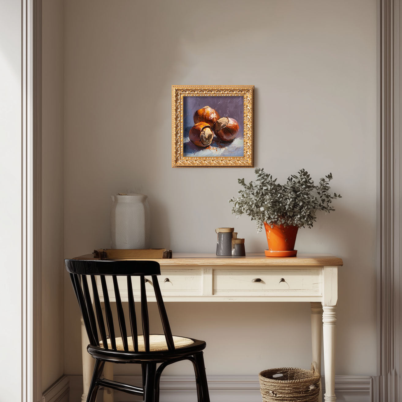 Roasted Chestnuts Still Life, Original Oil Painting, Food Art, Impasto Autumn Wall Decor, Small Framed Artwork