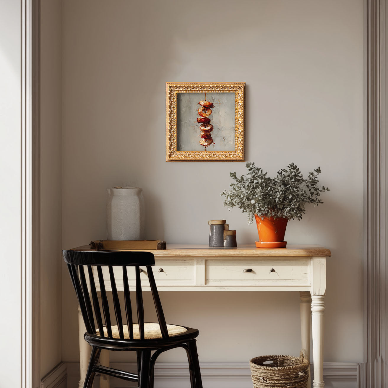 Grilled Skewers Still Life, Original Oil Painting, Food Art, Impasto Kitchen Wall Decor, Small Framed Artwork