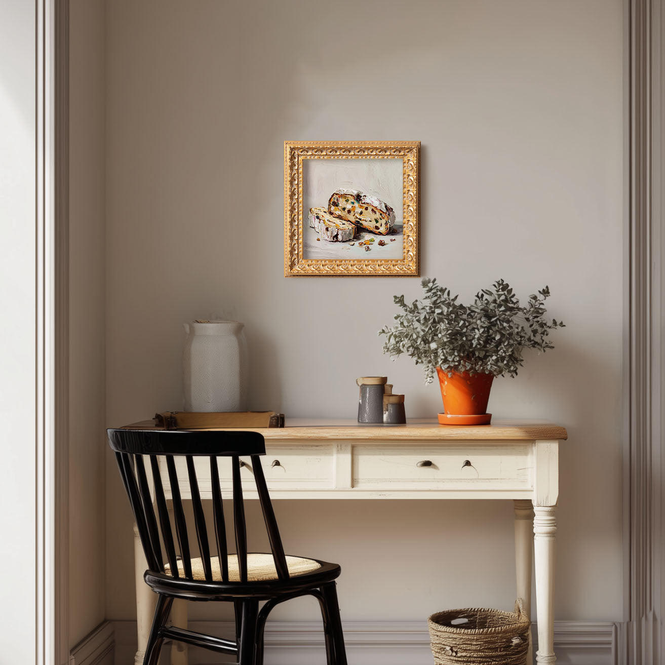 Original Fruit Bread Oil Painting, Rustic Kitchen Wall Art, Hand Painted Ornate Gold Frame Home Decor, Warm Dining Room Decoration, Gift For Friends