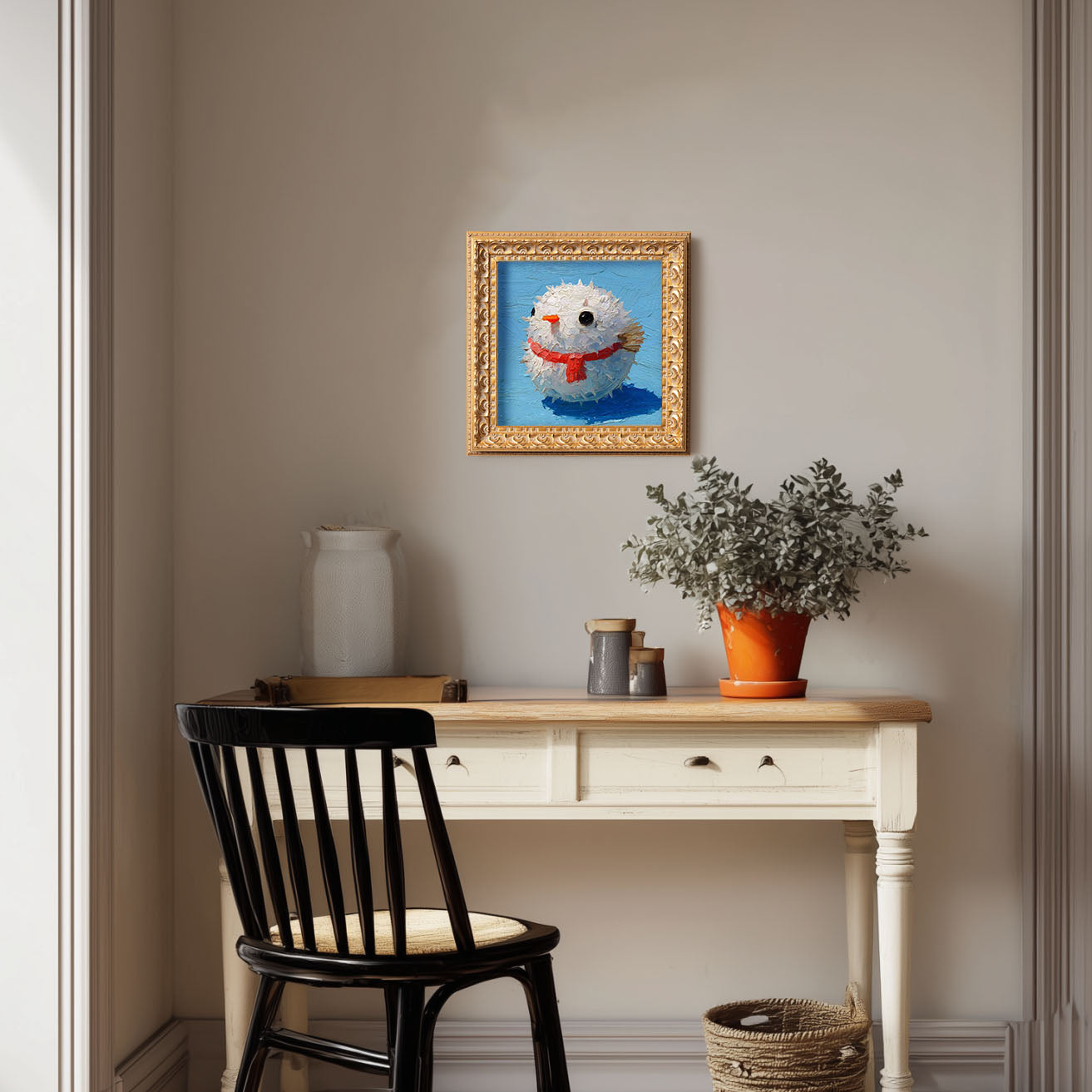 Small Pufferfish Oil Painting, Original Hand Painted Artwork, Holiday Wall Art Decor, 5X5 Gold Framed Art, Christmas Gift for Friends