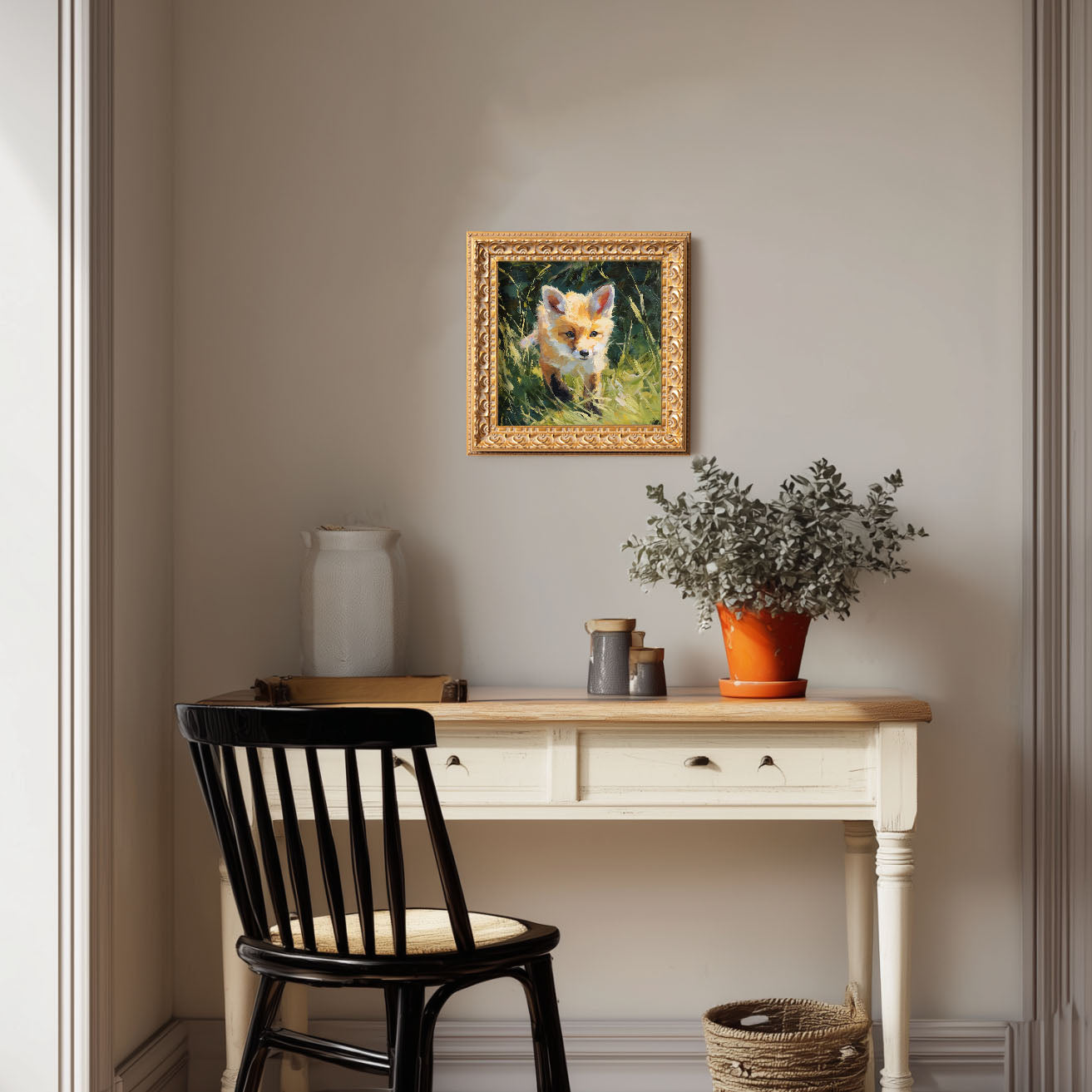 Hand Panted Fox Oil Painting, Original Art, Living Room Wall Art Decor, 5X5 Gold Framed Artwork, Still life Wildlife, Gift for friends