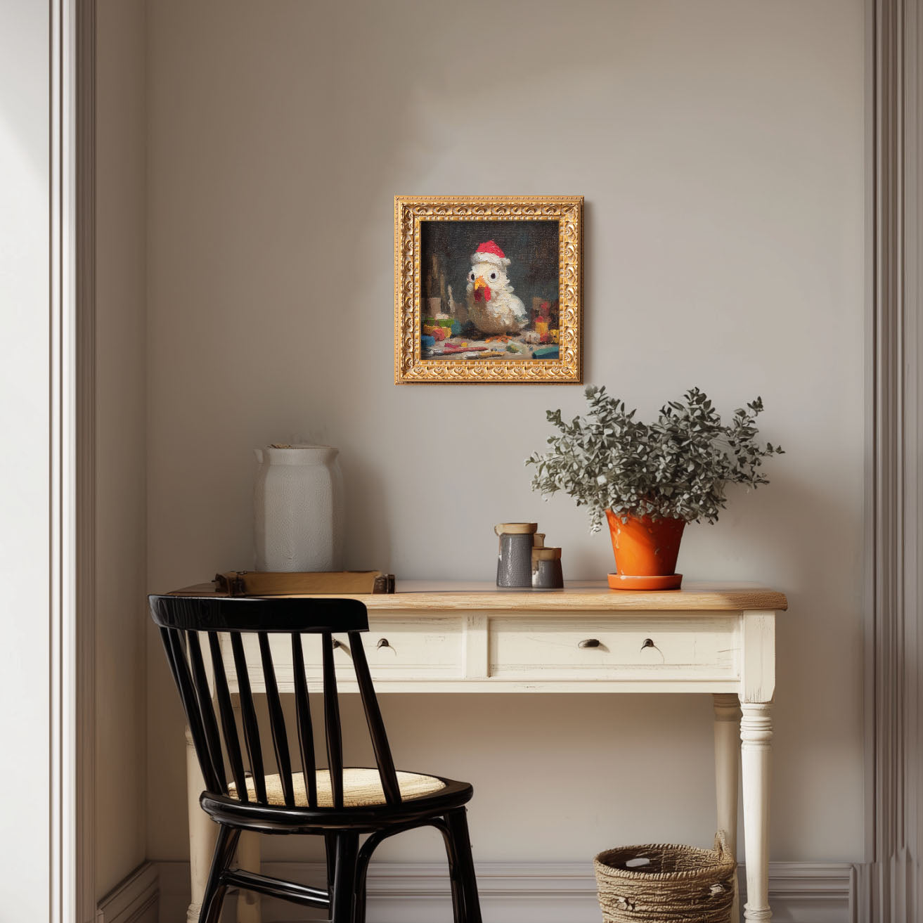 100% Hand Painted Santa Chicken Oil Painting, Original Art, Living Room Wall Art Decor, 5X5 Gold Framed Artwork, Christmas Gift for Friends