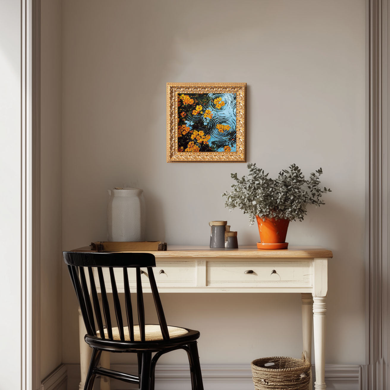 Small Oil Painting, Original Hand Painted, Nature Wall Art, 5X5 Vintage Winter Decor, Christmas Gift for Friends, Water Flowers with Ripple