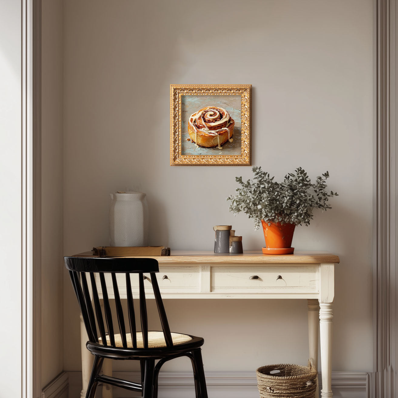 Original Cinnamon Roll Oil Painting, Warm Kitchen Wall Art, Hand Painted Ornate Gold Frame Home Decor, Charming Dining Room Decoration, Gift For Friends