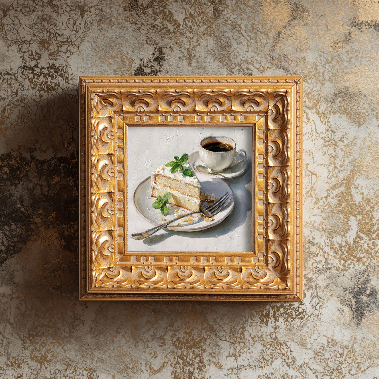 Original Vanilla Cake With Coffee Oil Painting, Cozy Kitchen Wall Art, Hand Painted Ornate Gold Frame Home Decor, Charming Dining Room Decoration, Gift For Friends