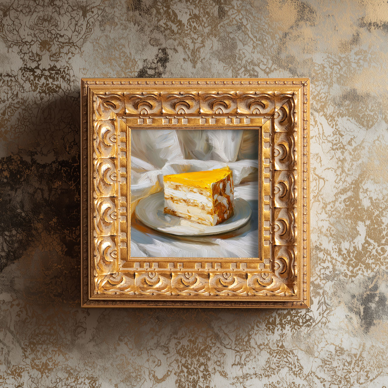 Original Mango Mousse Cake Oil Painting, Bright Kitchen Wall Art, Hand Painted Ornate Gold Frame Home Decor, Vibrant Dining Room Decoration, Gift For Friends