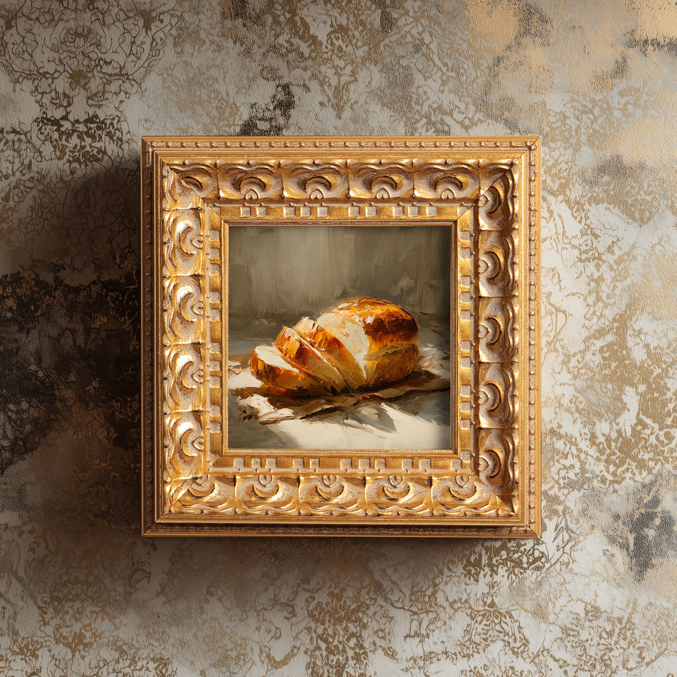 Loaf of Bread Still Life, Original Oil Painting, Food Art, Impasto Kitchen Wall Decor, Small Framed Artwork