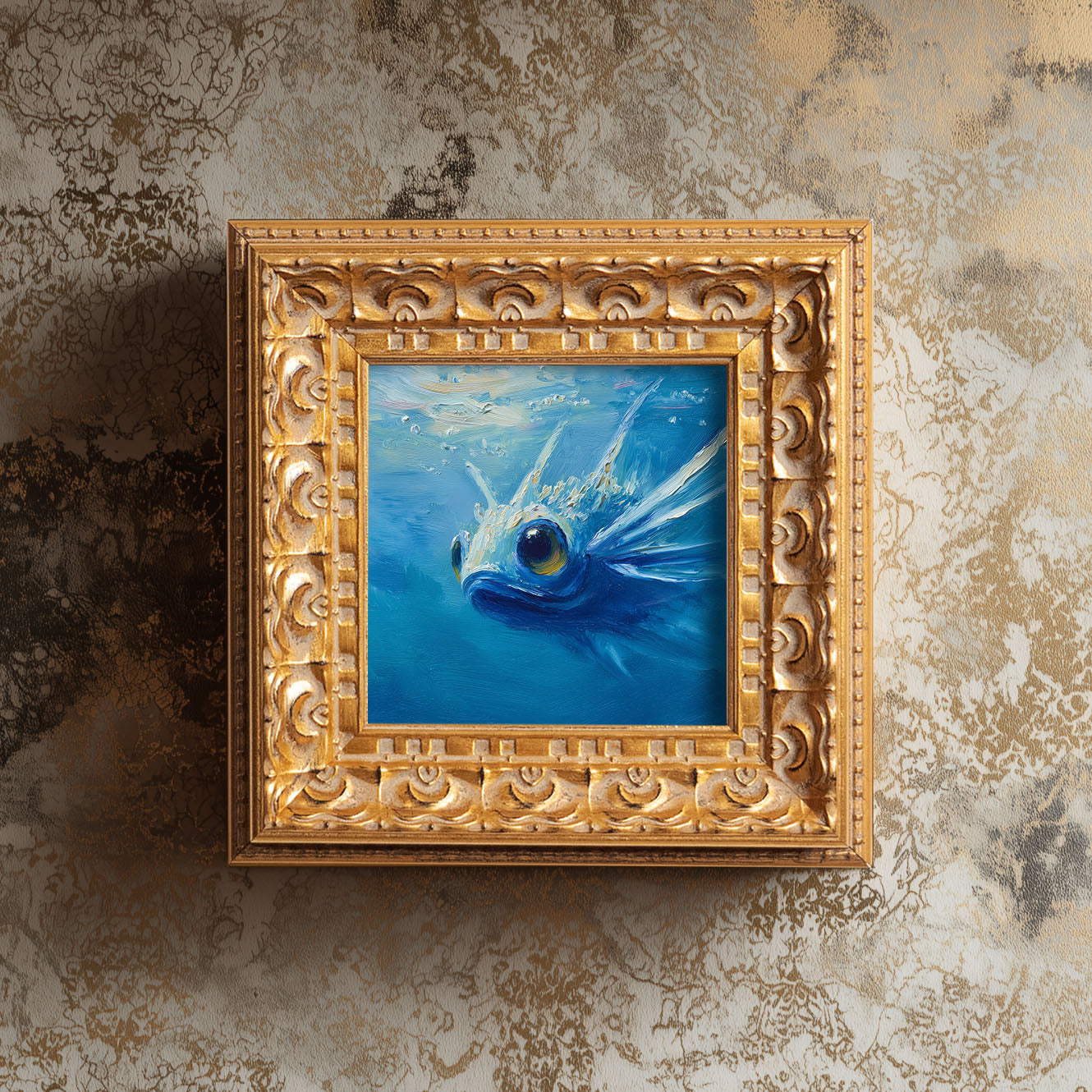 Original Blue Fish Oil Painting, Vibrant Underwater Wall Art, Hand Painted Ornate Gold Frame Home Decor, Stylish Living Room Decoration, Gift For Friends