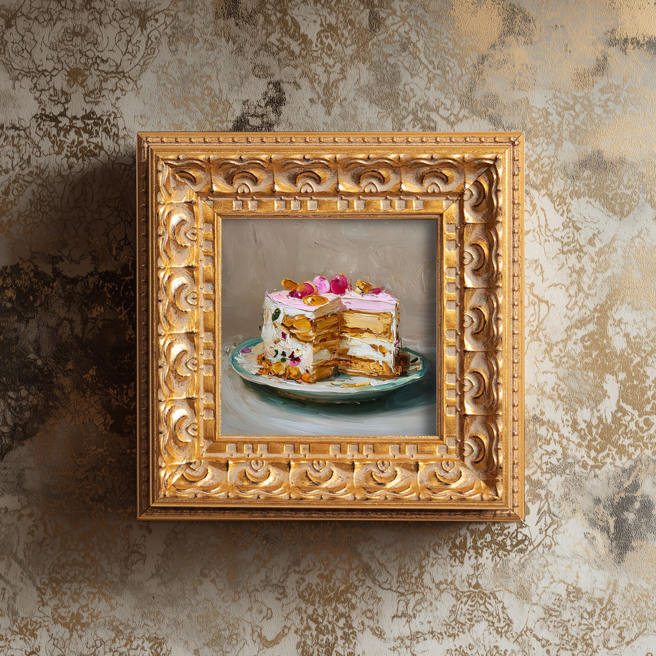 Original Rose Petal Cake Oil Painting, Elegant Kitchen Wall Art, Hand Painted Ornate Gold Frame Home Decor, Charming Dining Room Decoration, Gift For Friends