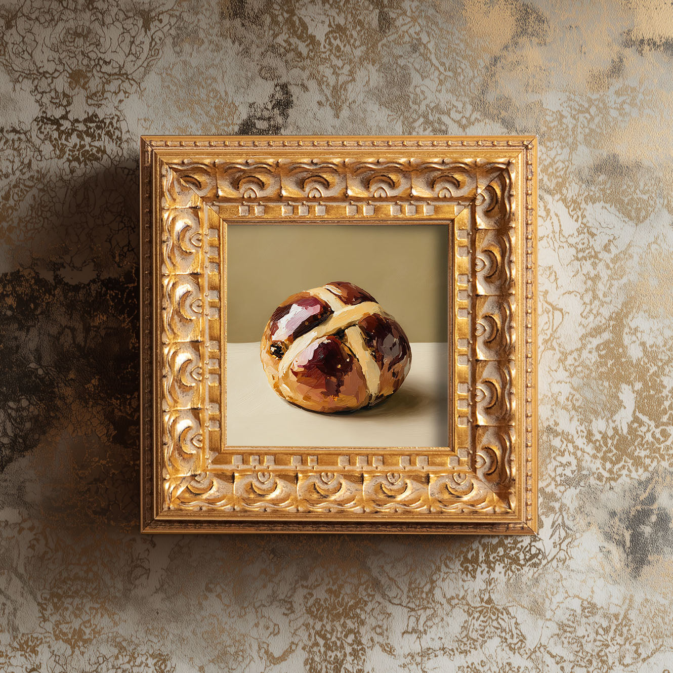 Original Hot Cross Bun Oil Painting, Rustic Kitchen Wall Art, Hand Painted Ornate Gold Frame Home Decor, Warm Dining Room Decoration, Gift For Friends