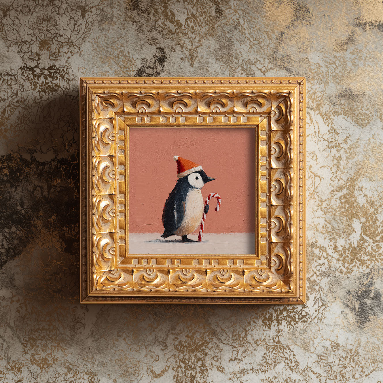 Christmas Penguin Mini Painting, Original Oil Art, Holiday Decor, Cute Penguin with Candy Cane, Small Framed Christmas Art