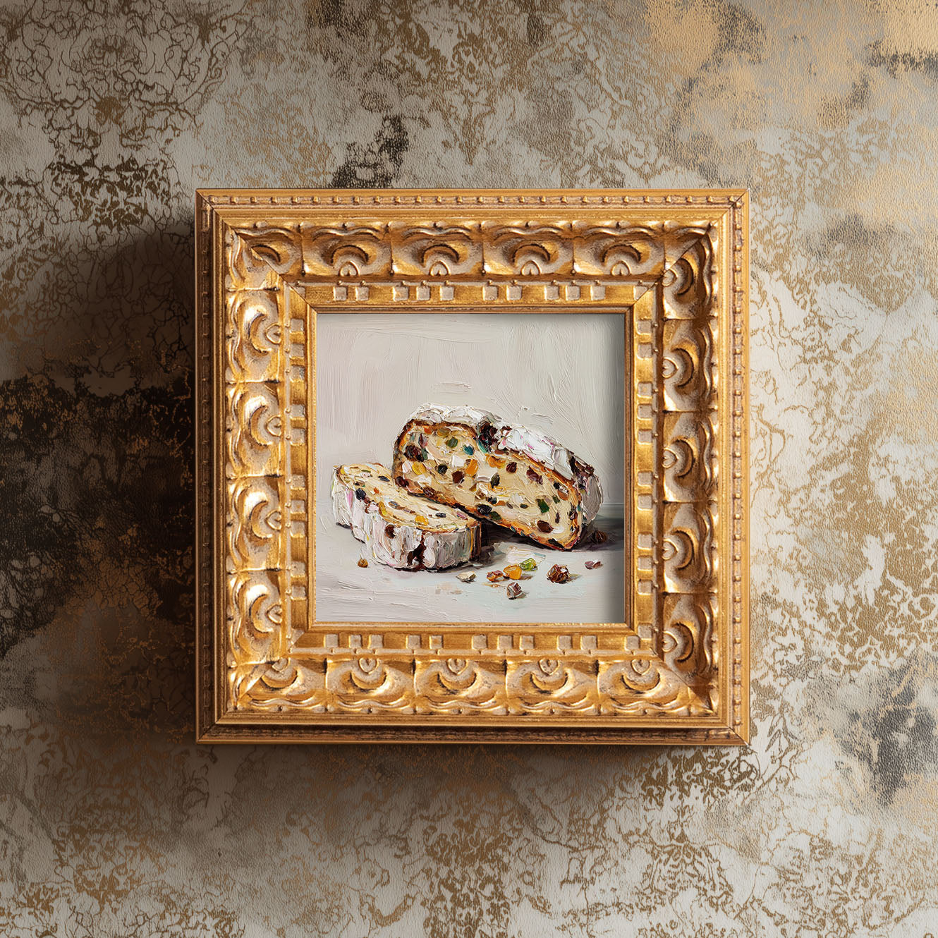 Original Fruit Bread Oil Painting, Rustic Kitchen Wall Art, Hand Painted Ornate Gold Frame Home Decor, Warm Dining Room Decoration, Gift For Friends