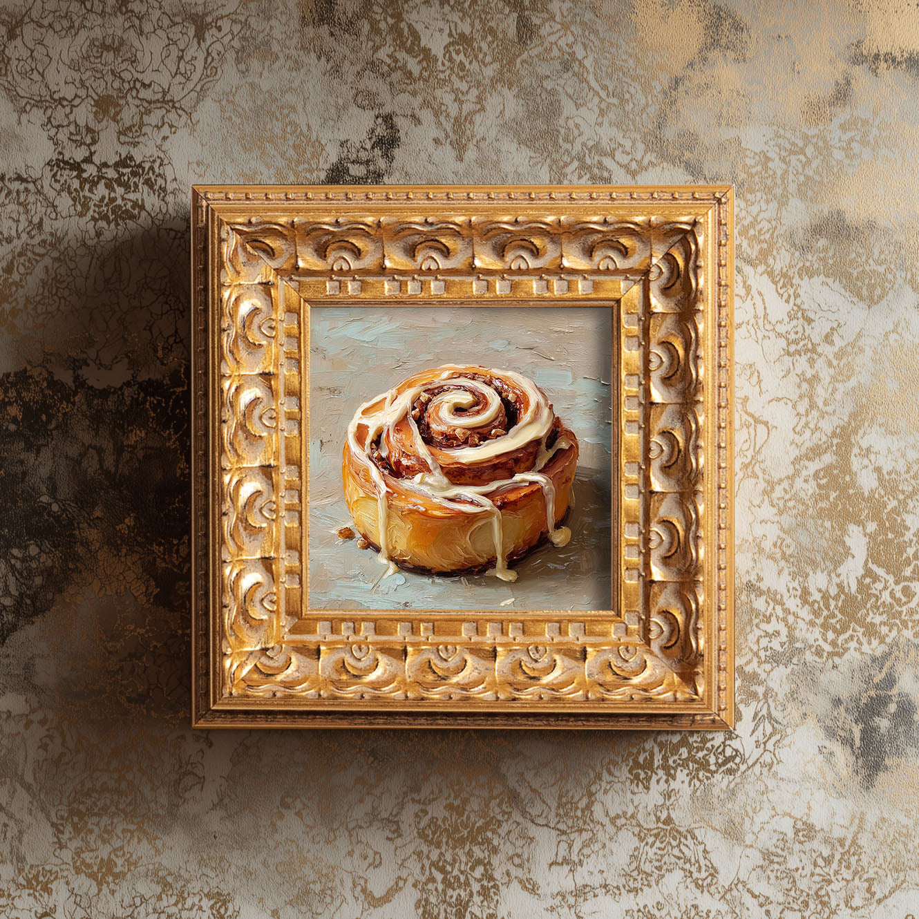 Original Cinnamon Roll Oil Painting, Warm Kitchen Wall Art, Hand Painted Ornate Gold Frame Home Decor, Charming Dining Room Decoration, Gift For Friends