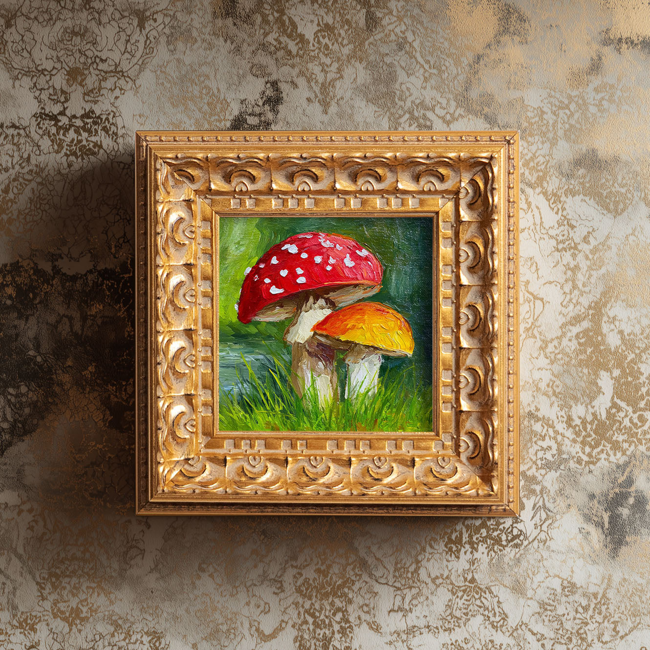 Original Red Mushroom Oil Painting, Whimsical Forest Wall Art, Hand Painted Ornate Gold Frame Home Decor, Quirky Living Room Decoration, Gift For Friends