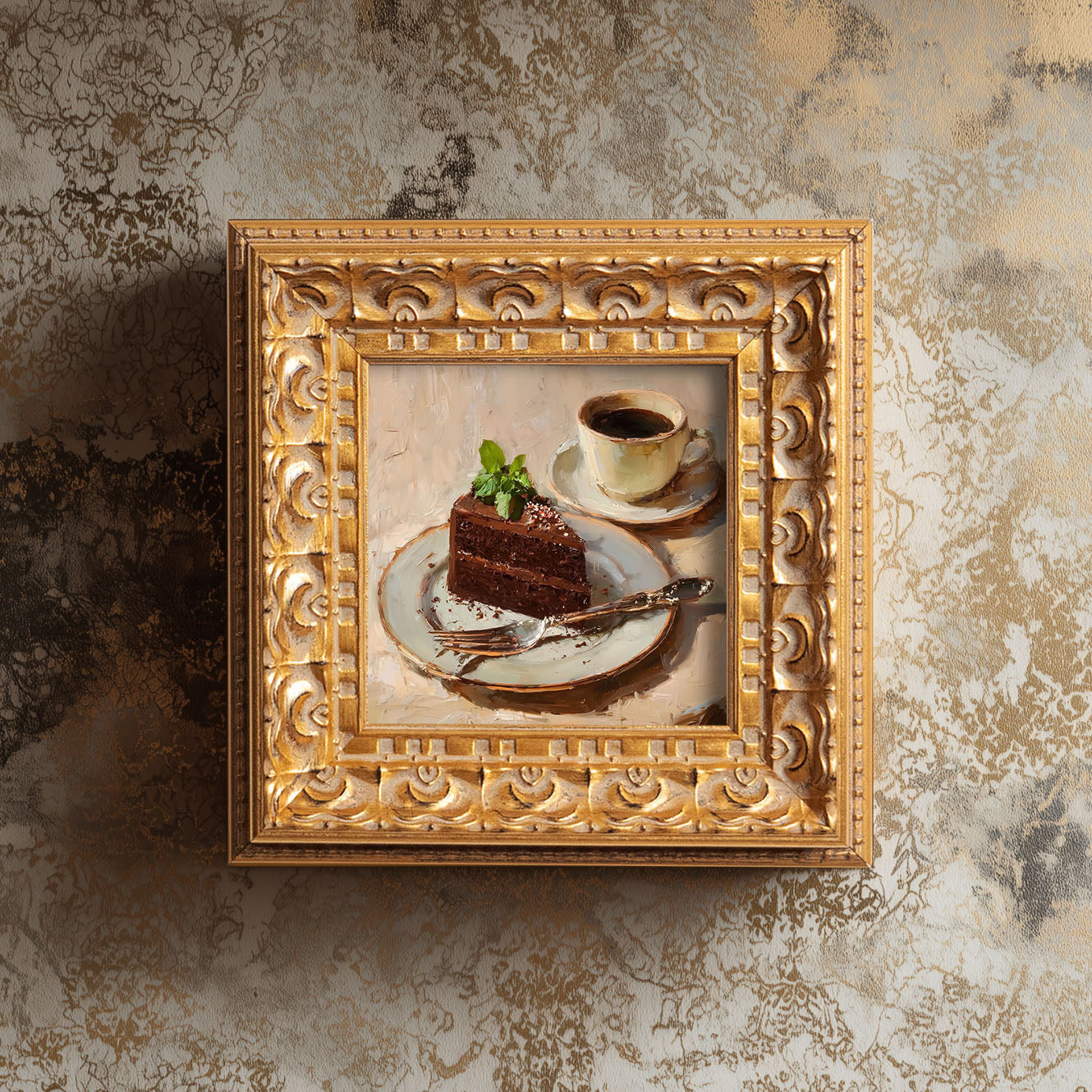 Original Chocolate Cake With Coffee Oil Painting, Rich Kitchen Wall Art, Hand Painted Ornate Gold Frame Home Decor, Stylish Dining Room Decoration, Gift For Friends